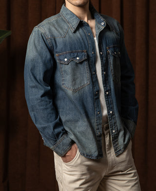 Slub Denim Snap Button Western Shirt - Washed Indigo