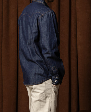 Slub Denim Snap Button Western Shirt - Dark Indigo