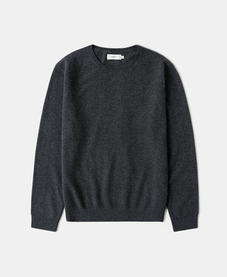 Merino wool crewneck sweater, heather gray, neck label, ribbed hem