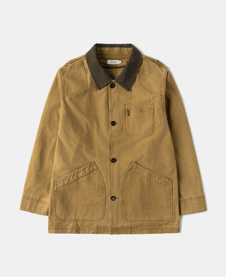 Khaki canvas hunting jacket with dark collar, button front, and three pockets