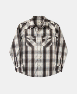 Western point-pocket plaid shirt with button front and long sleeves, beige and dark plaid.