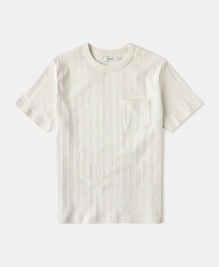 Oatmeal white ribbed cotton pocket T-shirt with crew neck and short sleeves