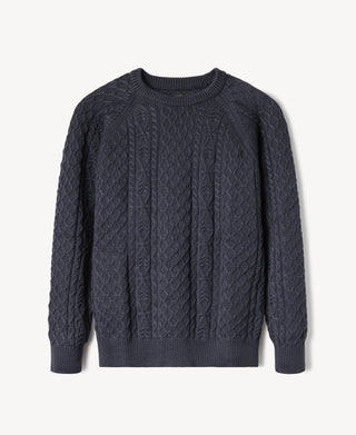 Aran Cable Knit Fisherman Sweater - Gray Blue