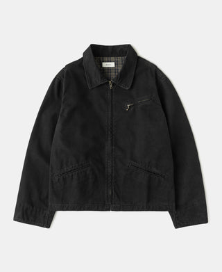 Black duck canvas Cossack jacket with zip front and point collar
