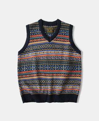 Fair Isle Wool Blend Knit Vest - Navy