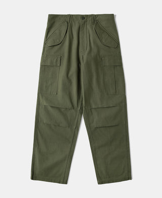 Olive M-51 style field cargo trousers with flap cargo pockets and drawstring waist