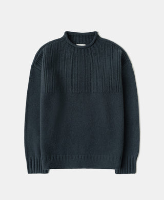 Mock Neck Pure Wool Guernsey Sweater - Dark Blue