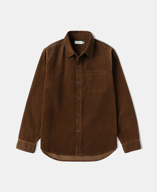 Brown corduroy button-up shirt with chest pocket, pointed collar, and buttoned front