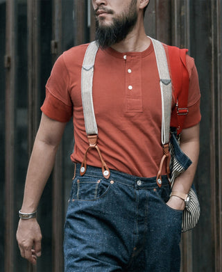 lifestyle shot of Red Short Sleeve Henley T-Shirt