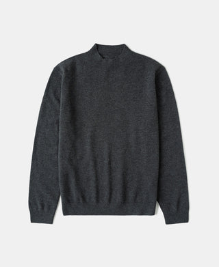Heather gray merino wool mock neck sweater, front view on a white background