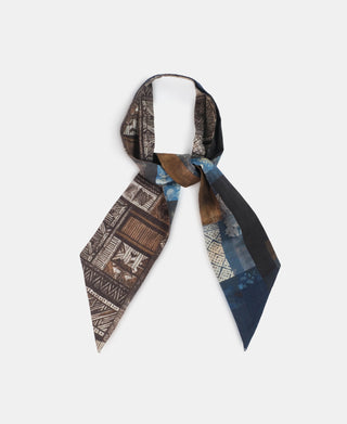 Vintage printed neck scarf in brown, cream, and blue with geometric patchwork patterns.
