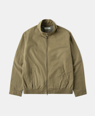 Khaki harrington jacket with full-zip front and stand collar, side pockets and ribbed hem