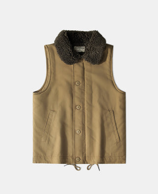 Khaki wool blend deck vest with dark shearling collar, button front and angled pockets