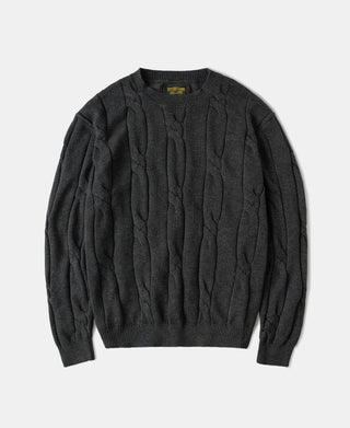Dark gray cable-knit crewneck sweater with long sleeves and ribbed hem