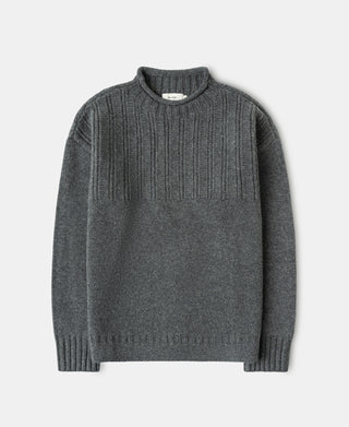 Mock Neck Pure Wool Guernsey Sweater - Gray