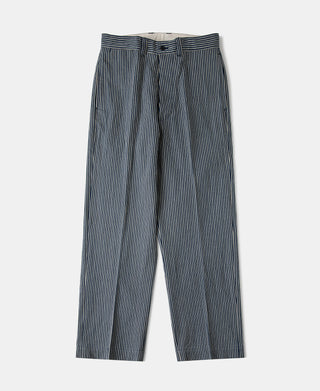 Blue-and-white striped work trousers with pleated front and belt loops