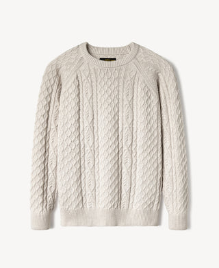 Cream cable knit crewneck sweater with textured front and ribbed trim
