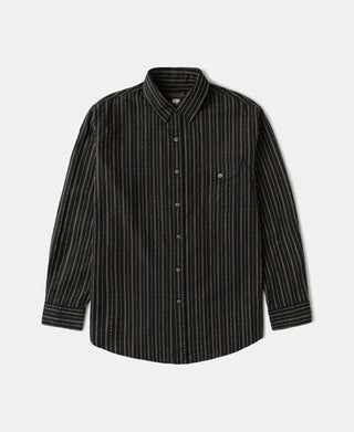 Black jacquard stripe work shirt with long sleeves, button front, and chest pocket