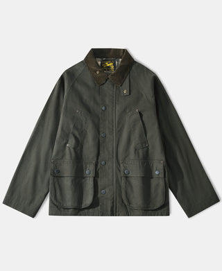 Olive canvas field jacket with button front and two chest pockets