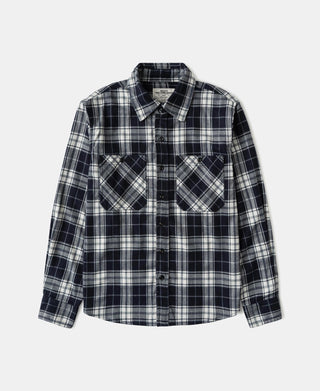 Blue heavyweight check work shirt with button front and two chest flap pockets