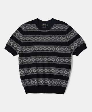 Diamond Pattern Jacquard Crew Neck T-Shirt - White/Black