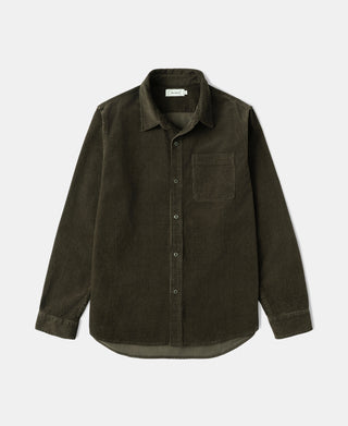 Men's rosin green cotton corduroy button-up shirt, chest pocket, long sleeves