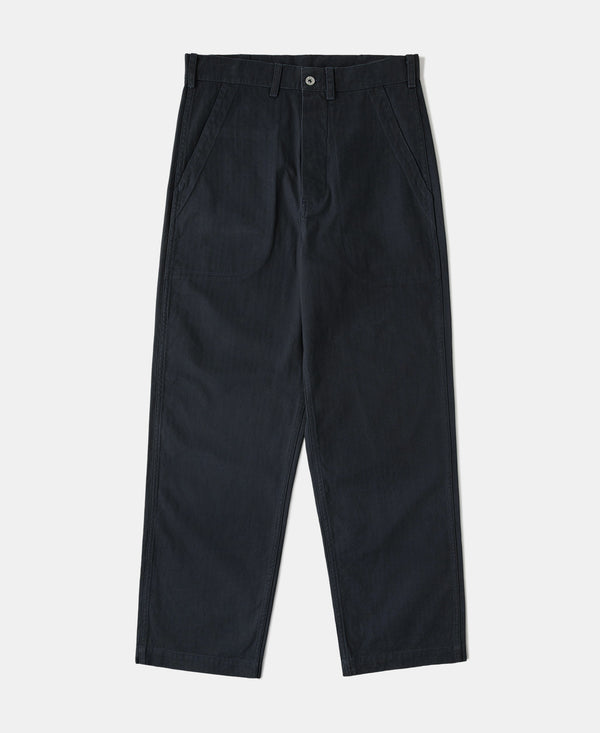Navy deck trousers with button waistband and belt loops, straight relaxed legs