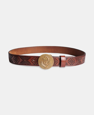 Navajo Tooled Plate Buckle Leather Belt - Brown
