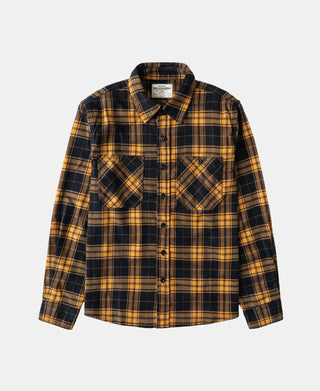 Yellow and navy plaid work shirt with button-down front and chest pockets