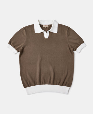 Two-Tone Johnny Collar Cotton Polo Shirt - White/Brown