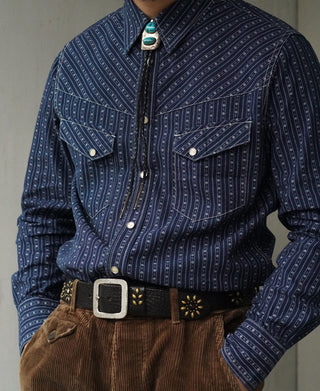 1950s Indigo Discharge-printed Wabash Stripe Western Shirt