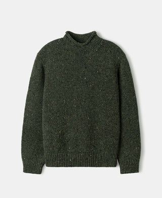 Dark green pure wool roll neck fisherman sweater with ribbed cuffs and hem