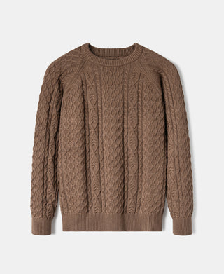 Light brown cable-knit fisherman sweater, crew neck, long sleeves, ribbed cuffs