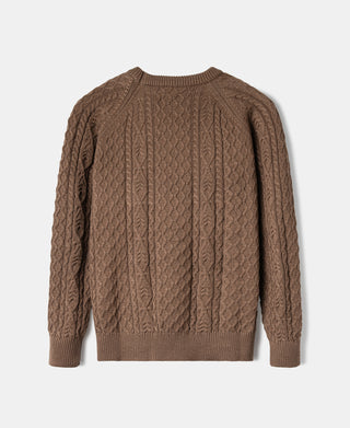 Light brown cable-knit fisherman sweater back, crew neck, long sleeves, ribbed hem