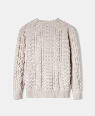 Cream cable knit fisherman sweater, back view with textured cable pattern and ribbed hem