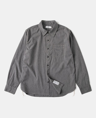 Dark gray workshirt with button front, point collar, long sleeves, and chest pocket