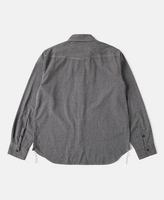 Dark gray workshirt back view with pointed collar and buttoned cuffs