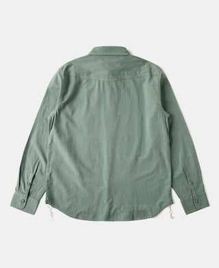 Sage green workshirt back view with yoke seam and long sleeves