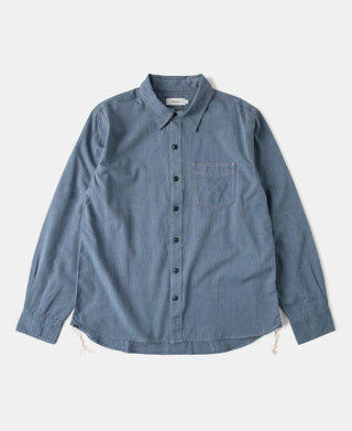 Grayish blue workshirt with button front, chest pocket, and long sleeves
