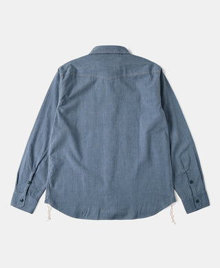 Grayish blue workshirt, back view, long sleeves, button cuffs, curved hem