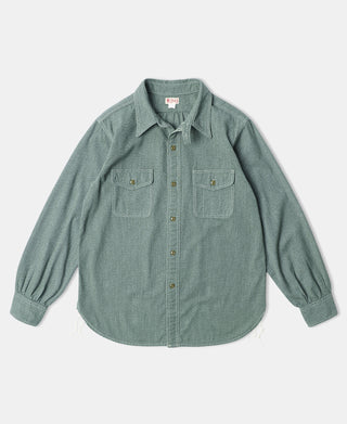 Sage green button-front pointed-collar shirt with chest pockets and long sleeves