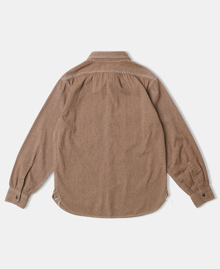 Chestnut brown button-up shirt back view with yoke and pleated shoulders