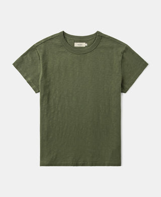 Olive slub cotton cap-sleeve T-shirt with crew neck