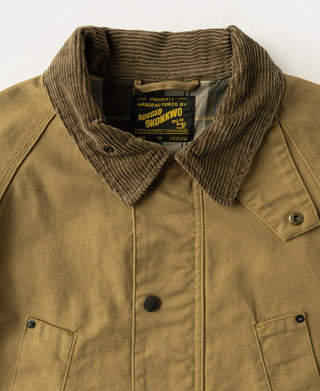 Khaki canvas field jacket with corduroy-style collar and buttoned flap pockets