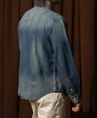 Slub Denim Snap Button Western Shirt - Washed Indigo
