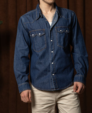 Slub Denim Snap Button Western Shirt - Indigo