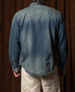 Slub Denim Snap Button Western Shirt - Washed Indigo