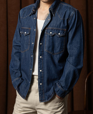 Slub Denim Snap Button Western Shirt - Indigo