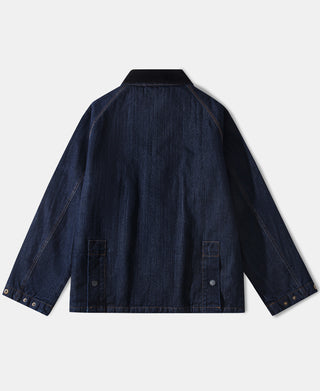 Indigo denim field jacket back view with snap-button placket