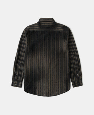 Back of black striped work shirt with long sleeves and curved hem